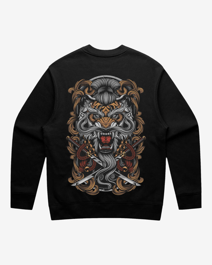 Black graphic sweatshirt with a detailed tiger and crossed swords design on the back.