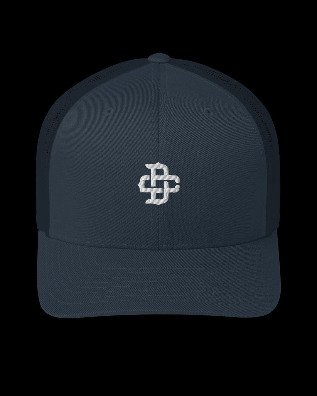 Navy blue cap with a white logo on a black background