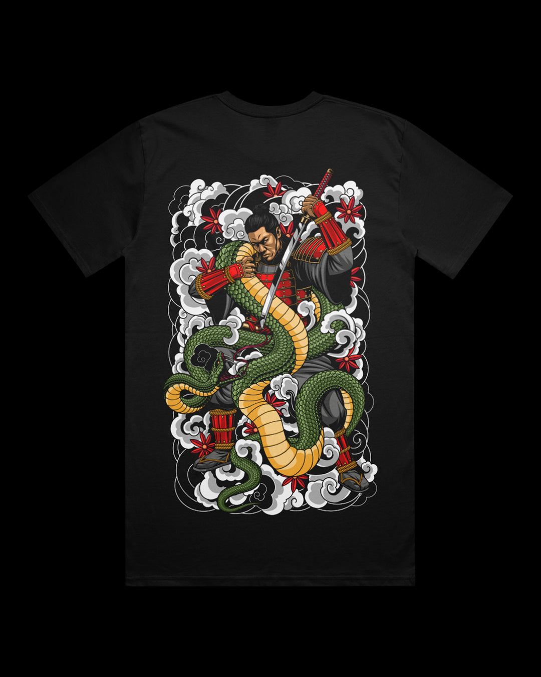 Graphic T-shirt featuring Japanese Irezumi-style artwork of samurai warrior