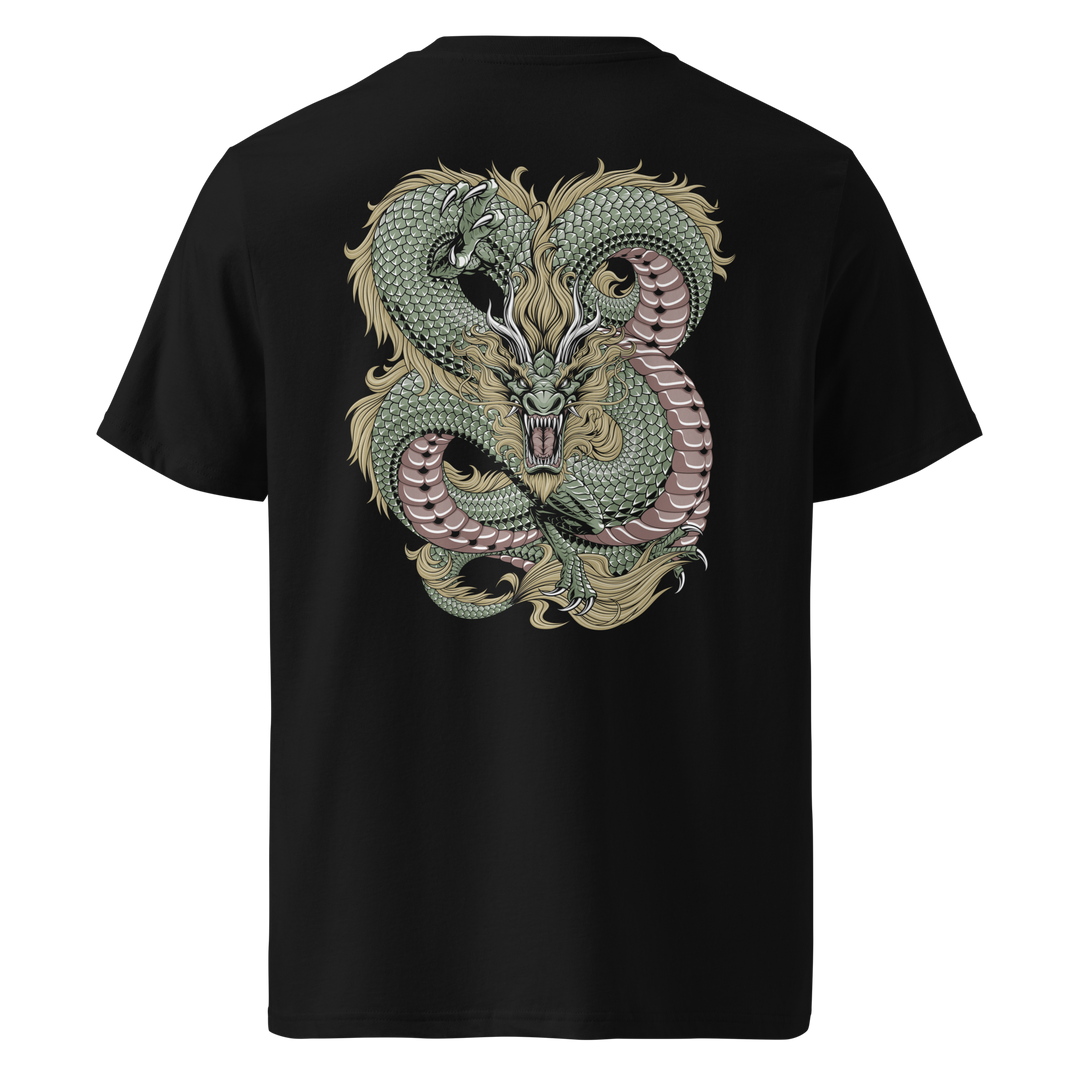 A black t-shirt featuring an intricate back design of a green and bronze dragon coiled with a golden mane, roaring with fierce intensity, inspired by traditional Japanese art.