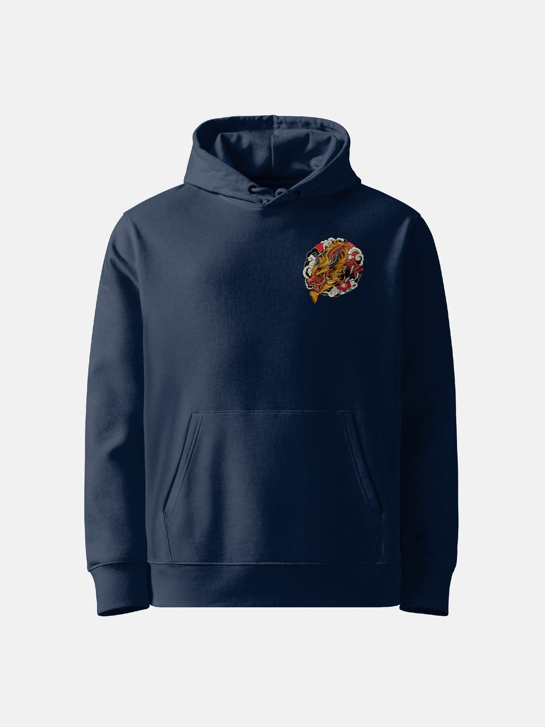 Navy Hoodie Front view with left chest dragon detail