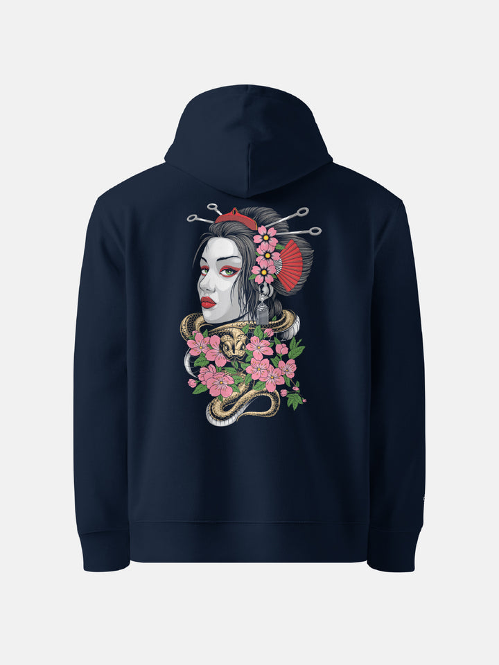 large geisha graphic on the back of a french navy hoodie