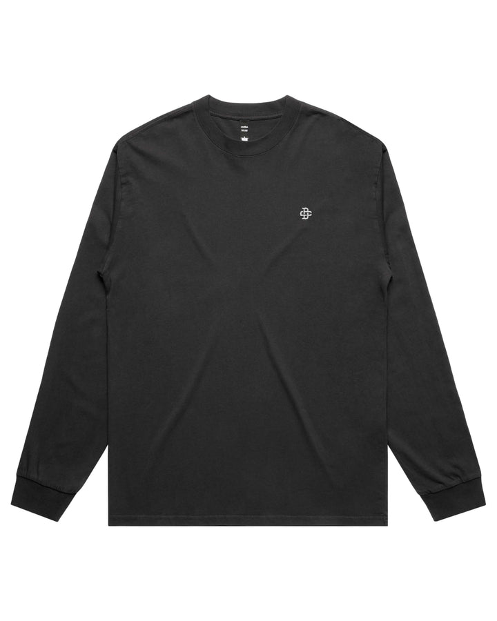 Black long sleeve t shirt front view with small left chest detail