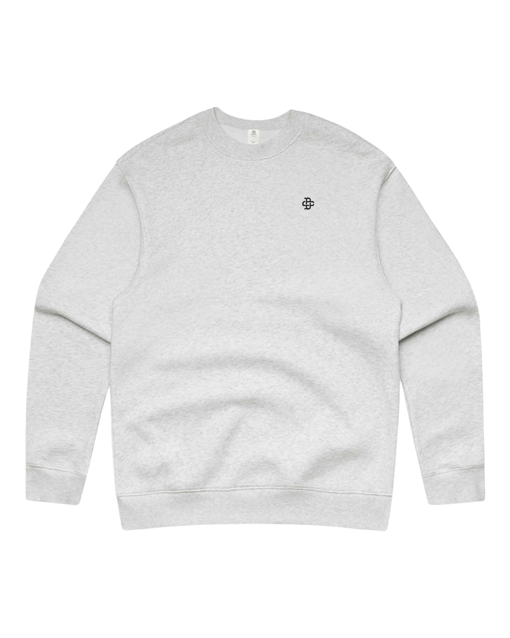 A white heather crewneck sweatshirt with a small black logo on the left chest, displayed flat against a solid white background.