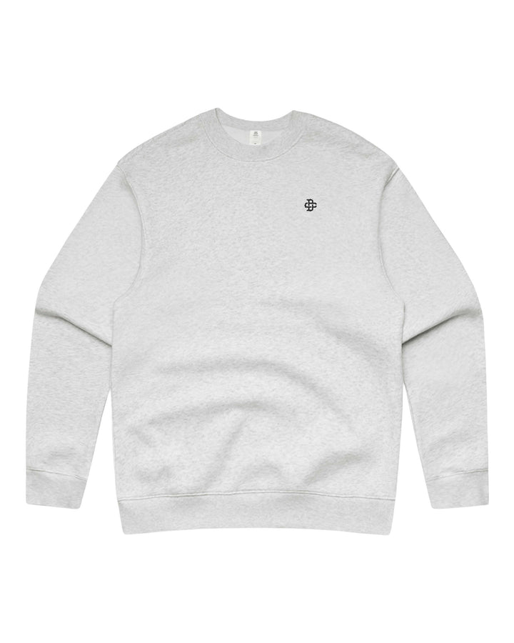 A white heather crewneck sweatshirt with a small black logo on the left chest, displayed flat against a solid white background.