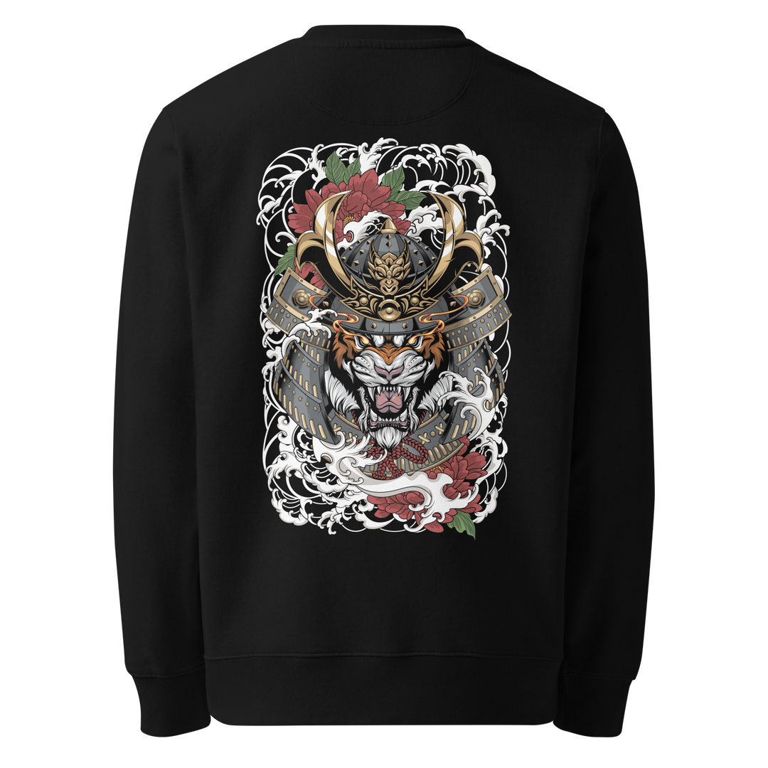 Back view of the Fury of the Ronin Graphic Sweatshirt in Black, showcasing the detailed Ronin warrior graphic with Japanese-inspired wave patterns.