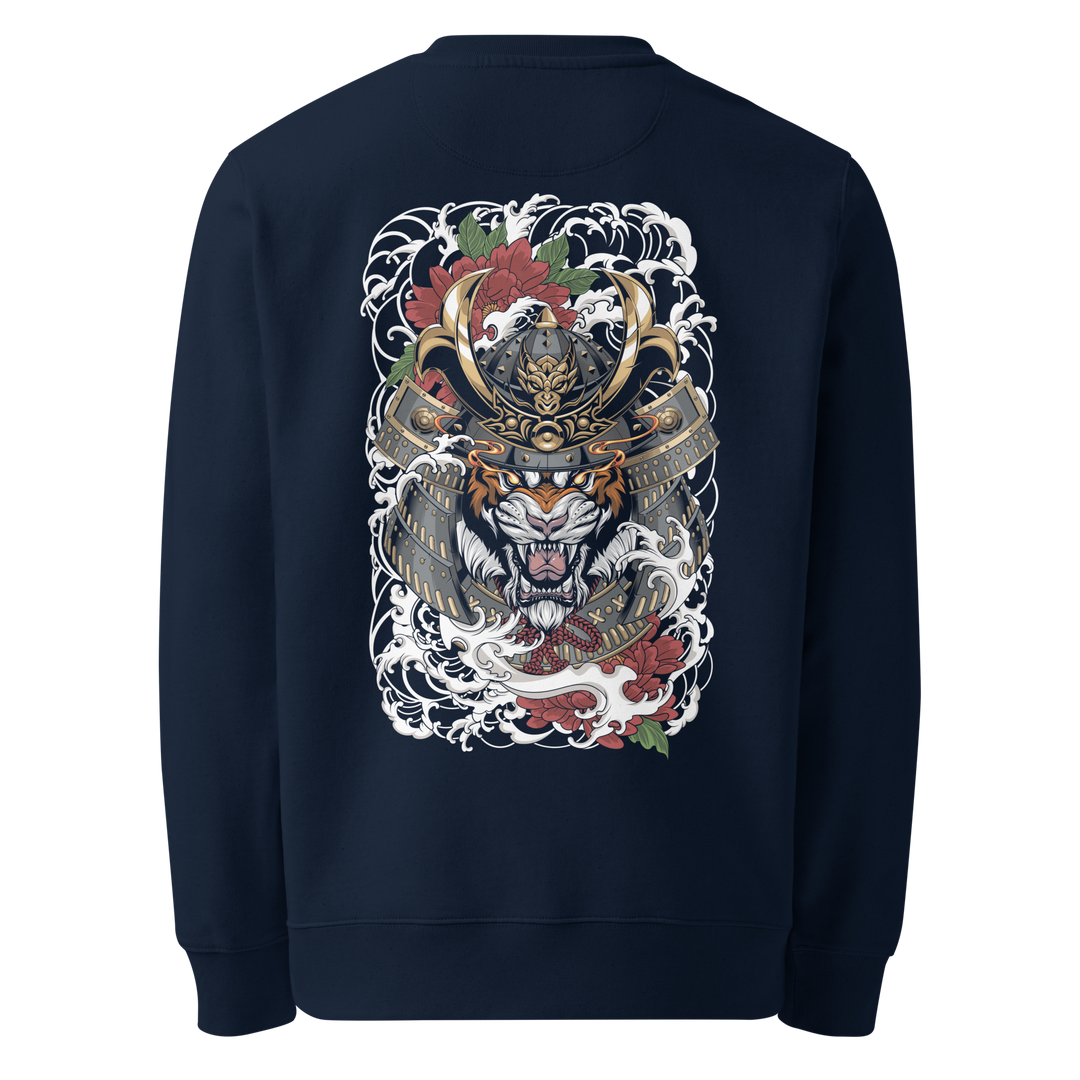 Back view of the Fury of the Ronin Graphic Sweatshirt in French Navy, featuring the intricate Ronin warrior graphic with traditional Japanese motifs.