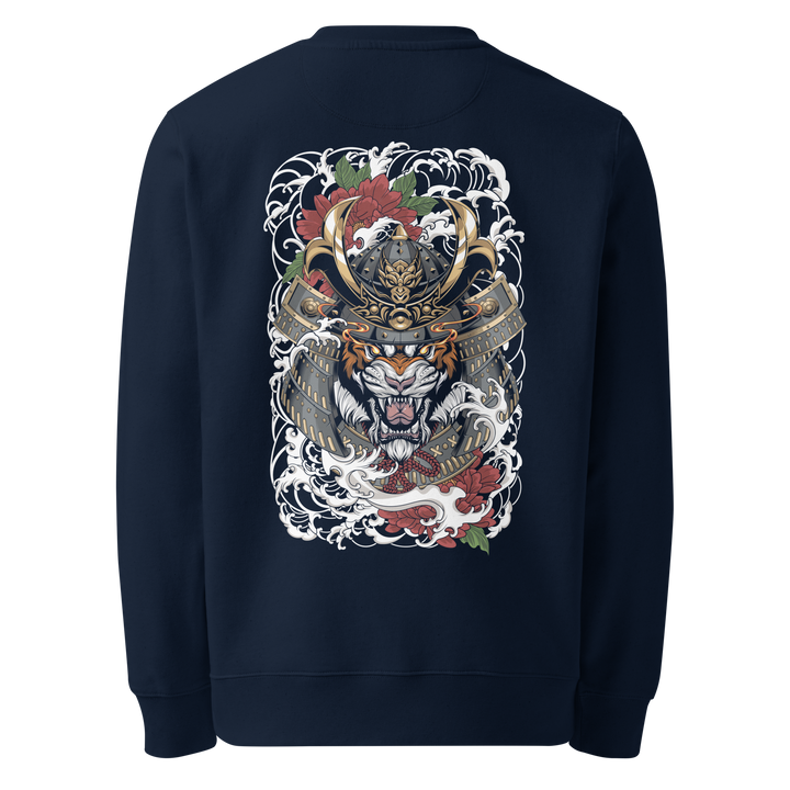 Back view of the Fury of the Ronin Graphic Sweatshirt in French Navy, featuring the intricate Ronin warrior graphic with traditional Japanese motifs.