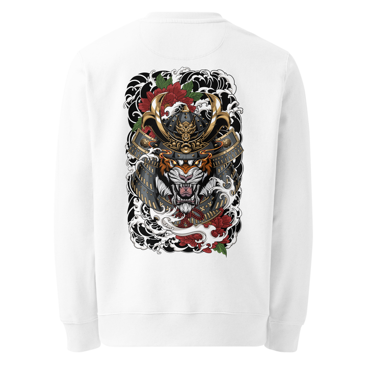 Back view of the Fury of the Ronin Graphic Sweatshirt in White, highlighting the bold Ronin warrior graphic with detailed Japanese tattoo art elements.