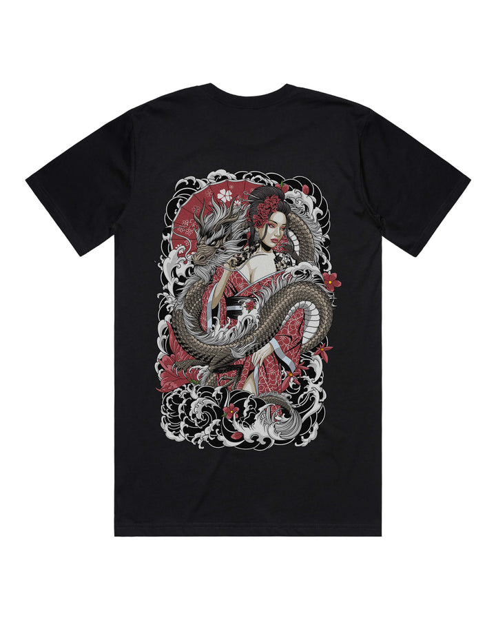 Black graphic t-shirt with large geisha and dragon back print