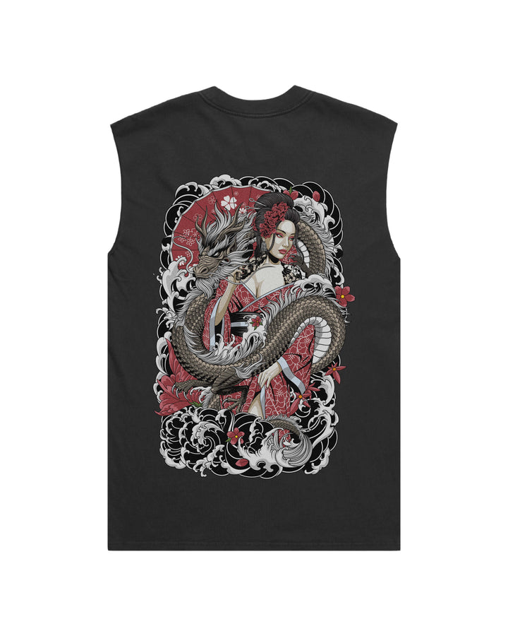 Faded black tank top with large irezumi geisha and dragon back print
