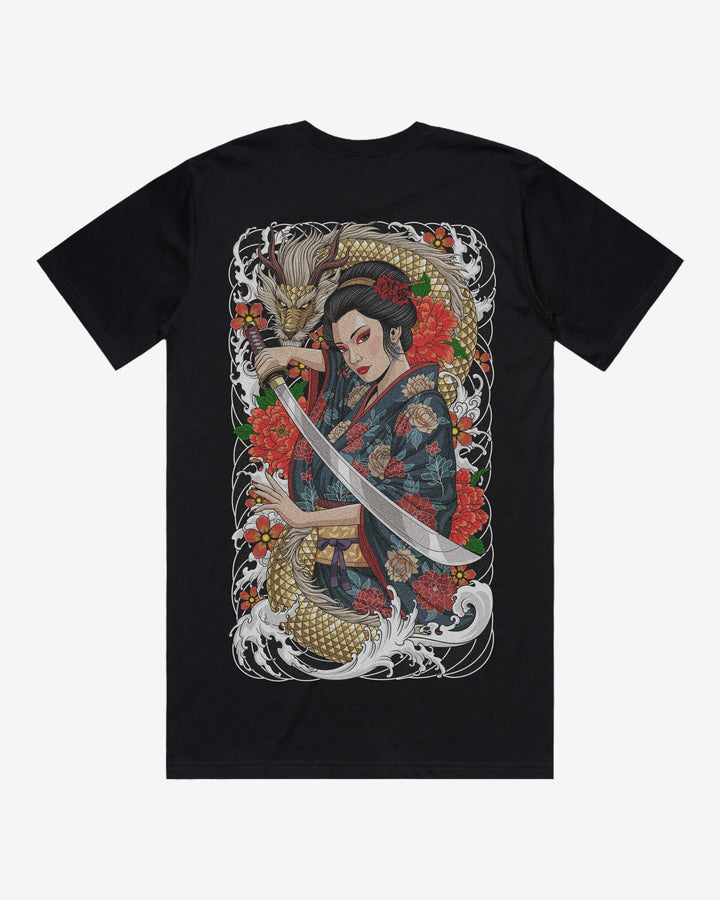 Geishas Slice Relaxed Fit Graphic Tee With Large Japanese Tattoo Inspired Back Print