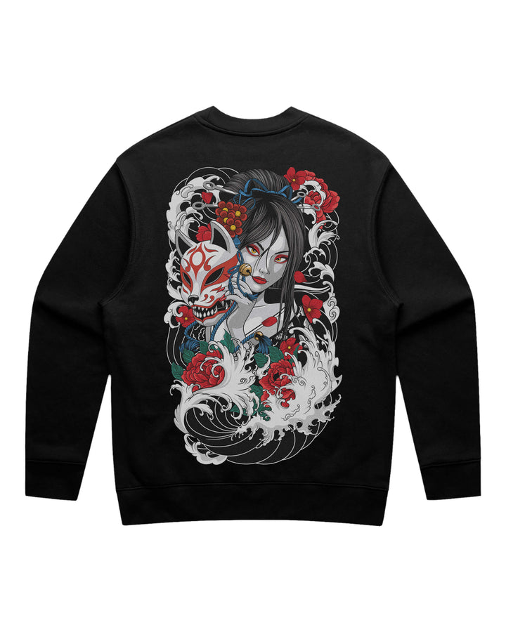 Geisha Kitsune Black Crewneck Sweatshirt