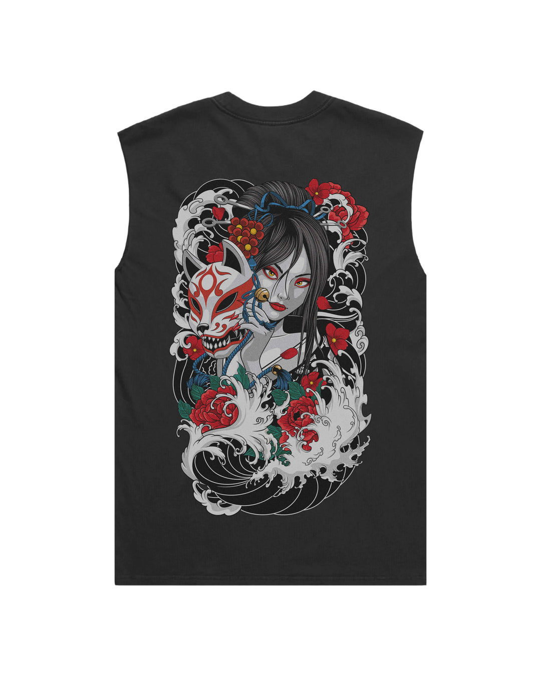 Giesha Kitsune Faded Black men’s graphic tank top features original in-house artwork inspired by Irezumi. The design combines geisha, kitsune mask and clouds, drawing from Japanese tattoo art, folklore and traditional illustration.