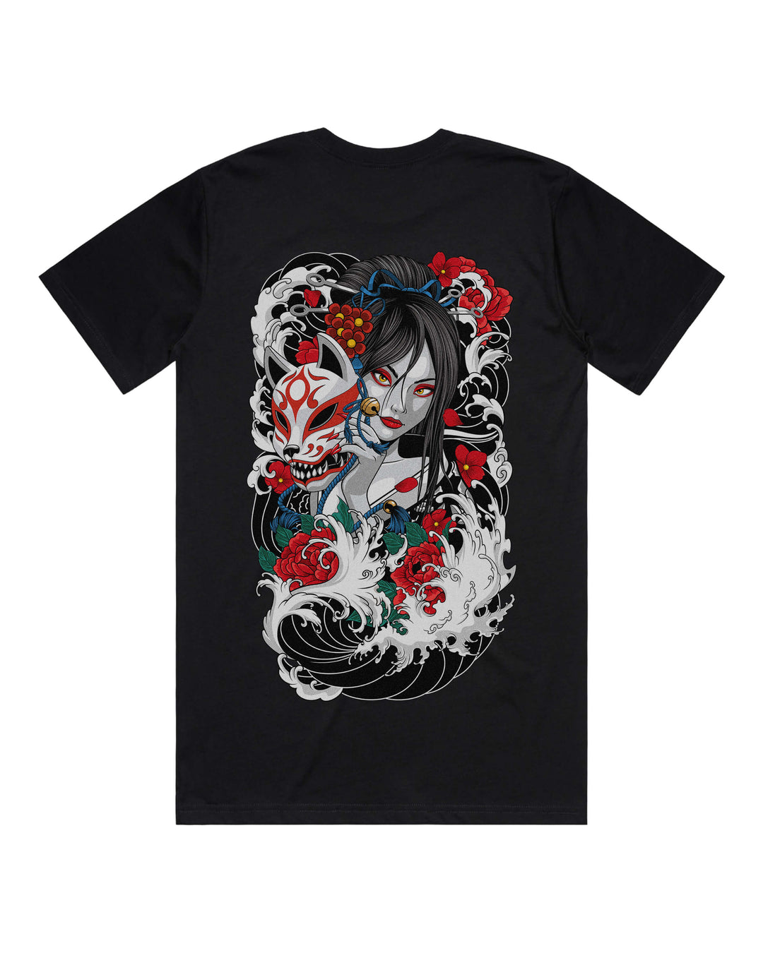 Black graphic t-shirt with large geisha holding kitsune mask back print