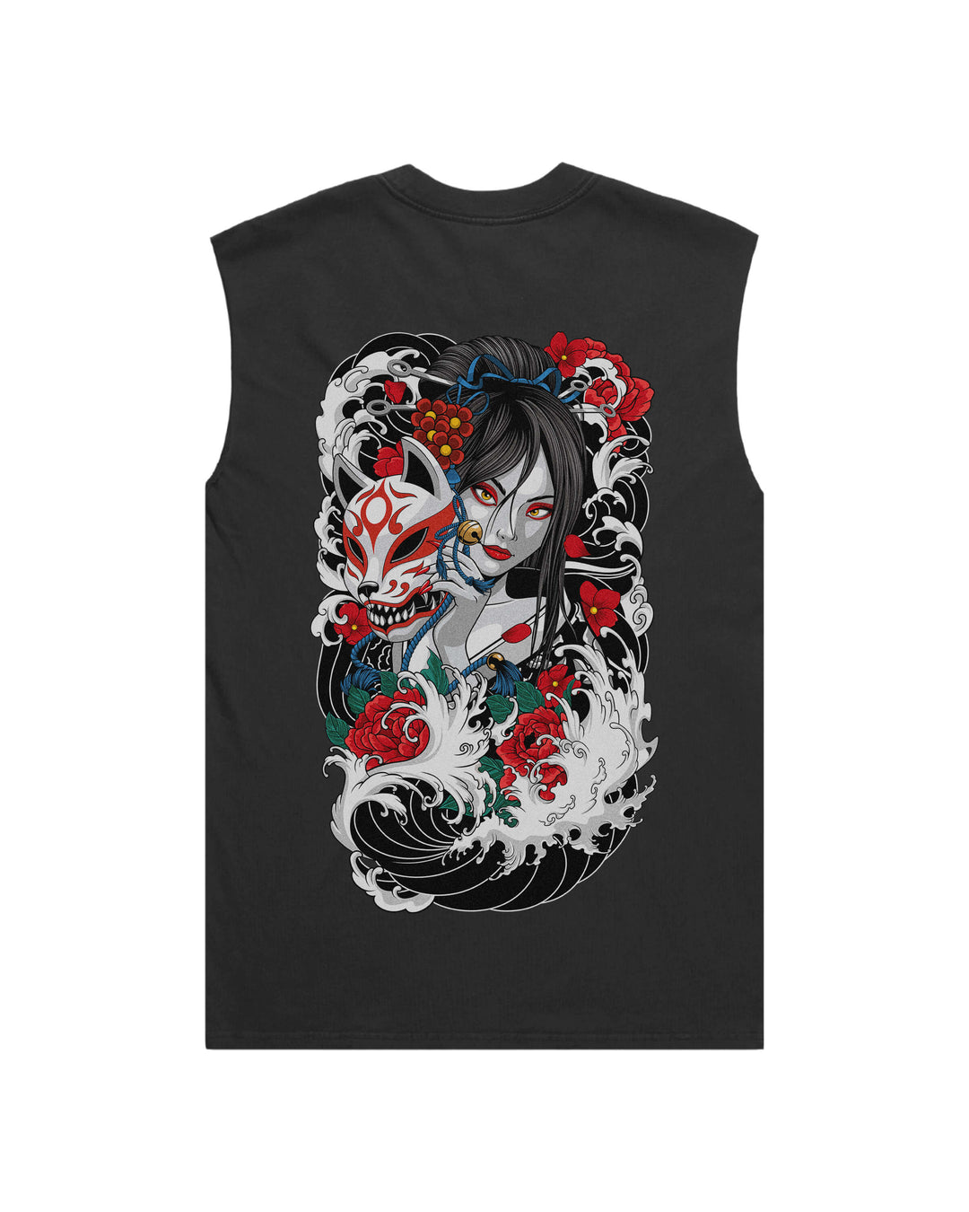 Geisha Kitsune Faded Black Tank Top