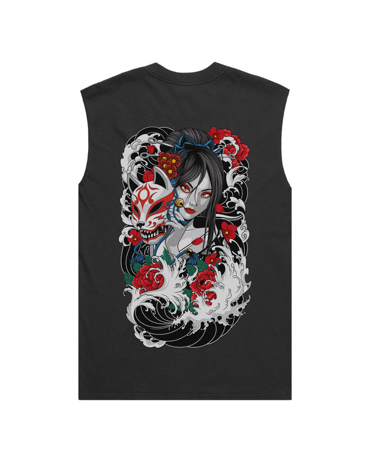 Geisha Kitsune Faded Black Tank Top