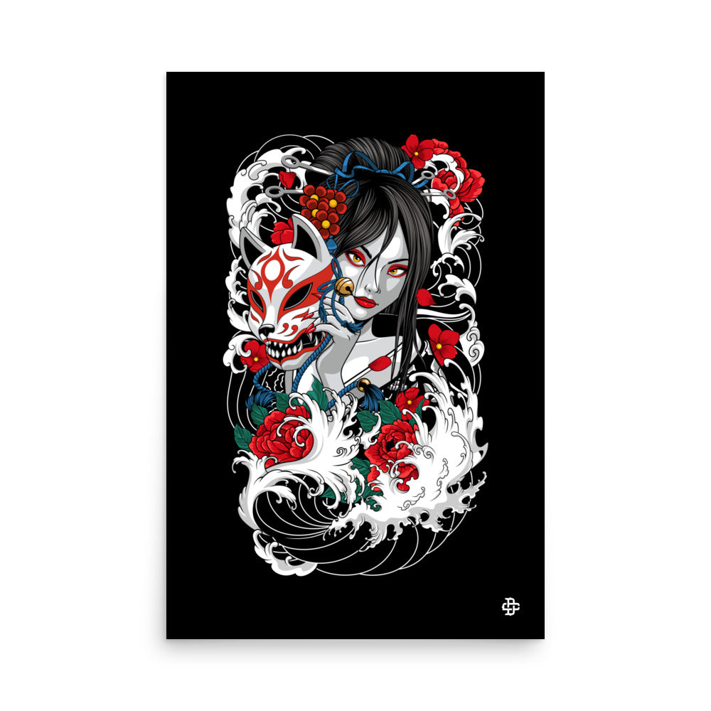 irezumi inspired geisha holding kitsune mask poster