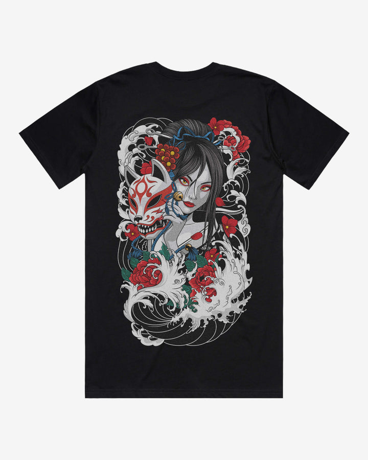 Geisha Fox Mask Relaxed Fit Graphic Tee With Large Japanese Tattoo Inspired Back Print