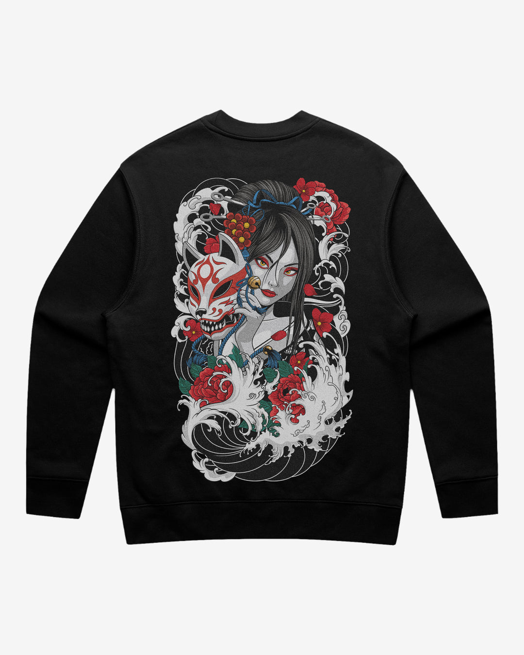 Black sweatshirt with a back graphic design of a geisha with a fox mask and flowers,