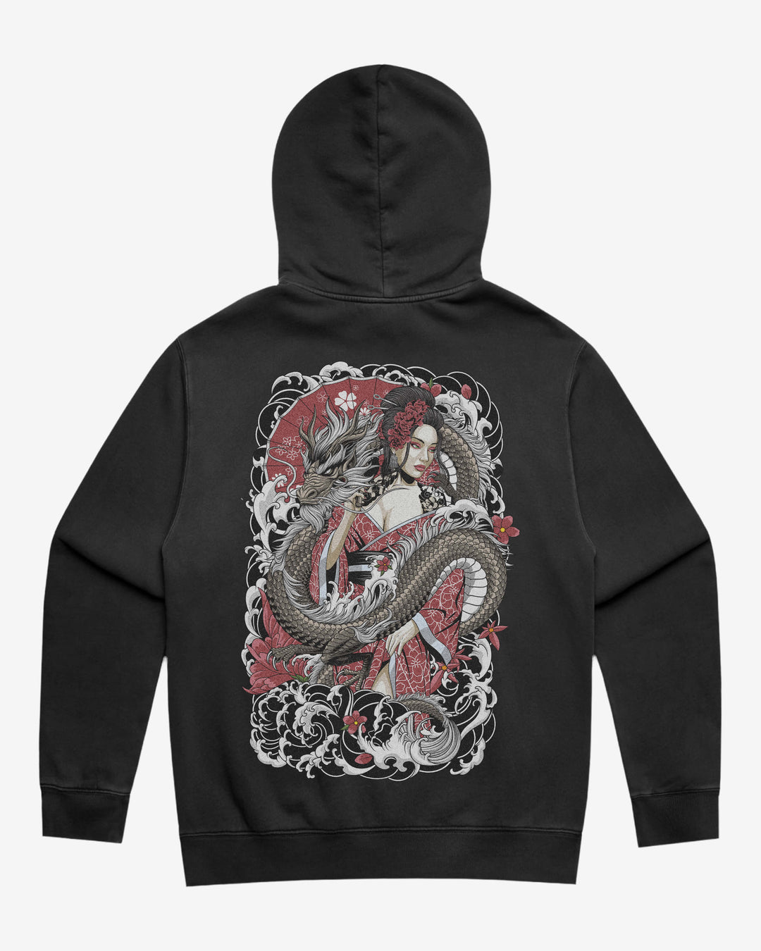 Faded tattoo hoodie with a large dragon & geisha back print, 320GSM relaxed fit and washed finish.