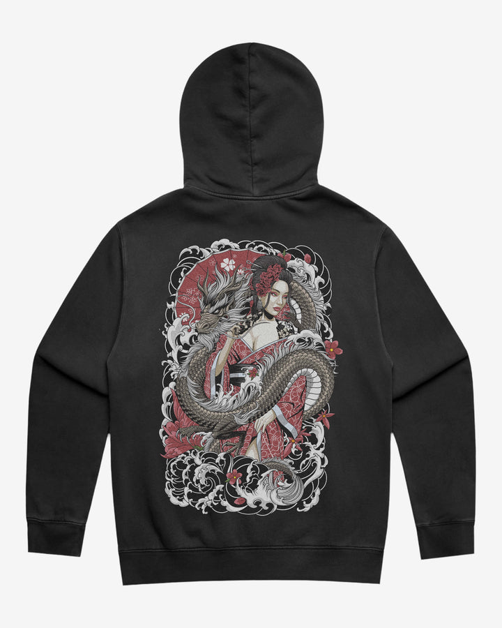 Faded tattoo hoodie with a large dragon & geisha back print, 320GSM relaxed fit and washed finish.