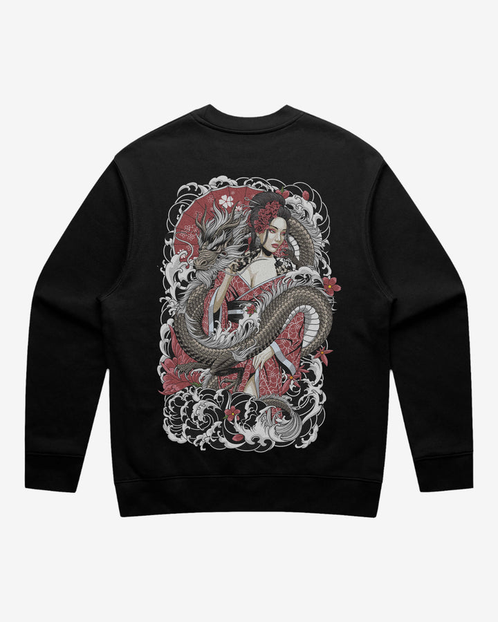 Geishas Dragon Relaxed Fit Graphic Sweatshirt With Large Tattoo Inspired Back Print