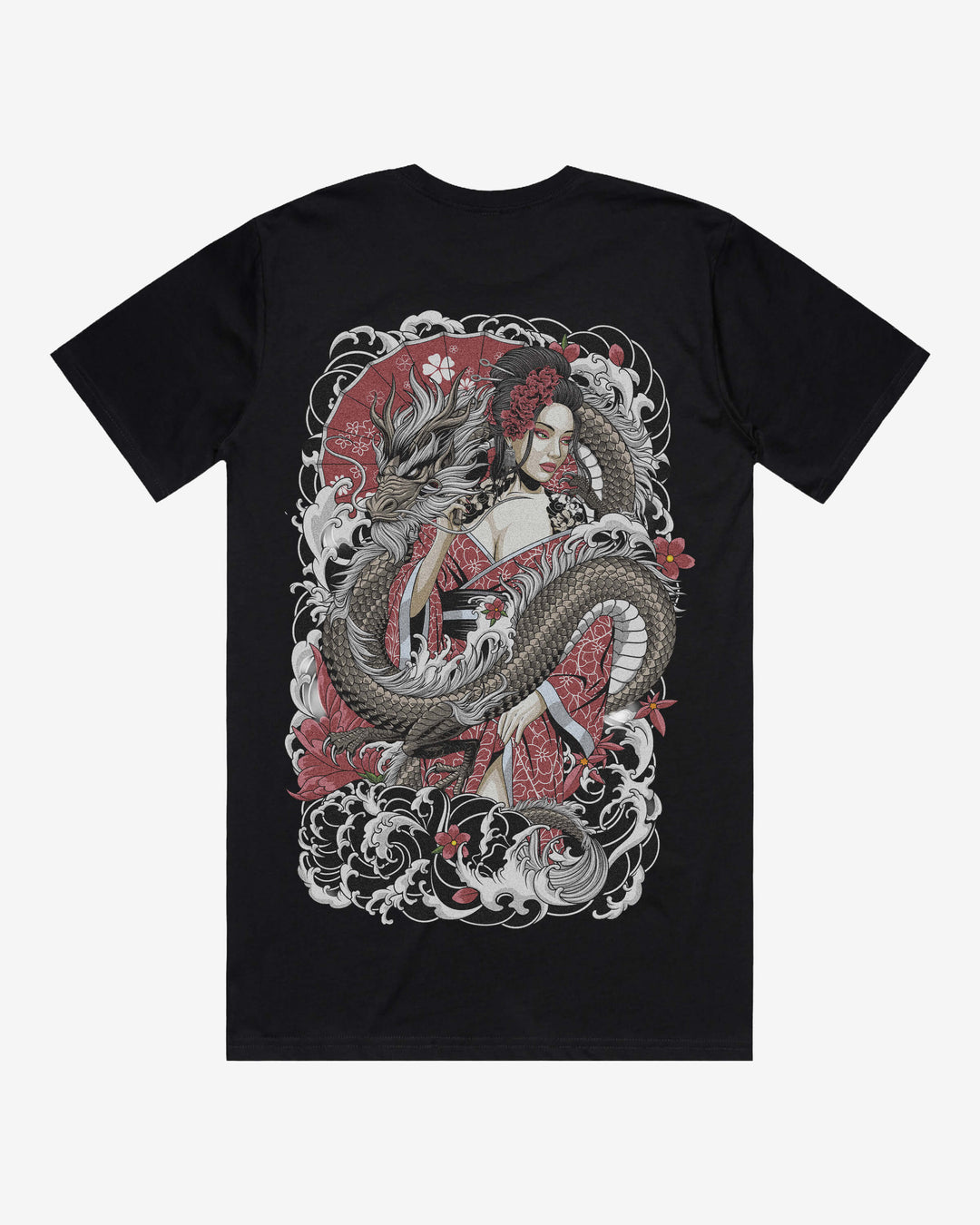 Black t-shirt with a dragon and woman design