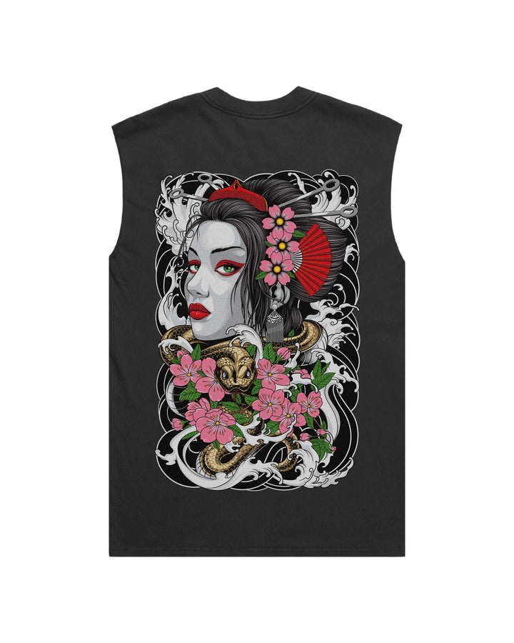 Faded black tank top with large irezumi inspired geisha and snake print