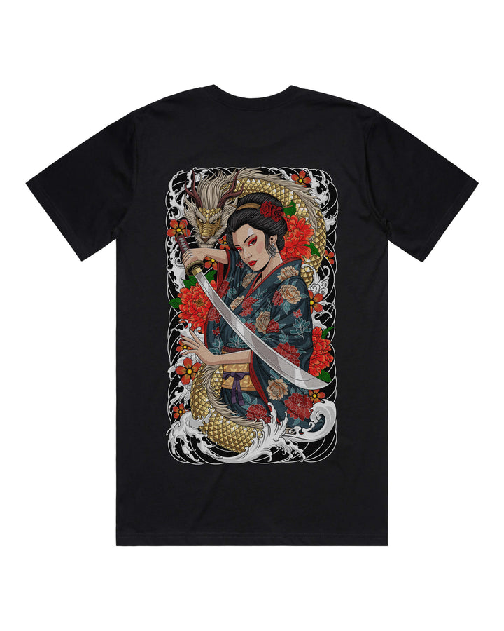 Black graphic t-shirt with large geisha warrior guarded by dragon back print