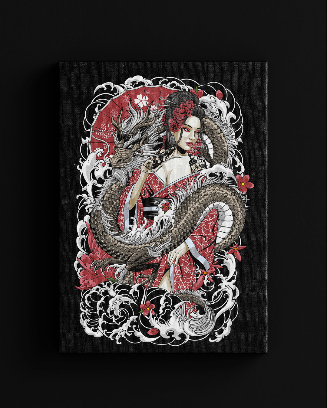 irezumi inspired gesiha and dragon canvas wall art