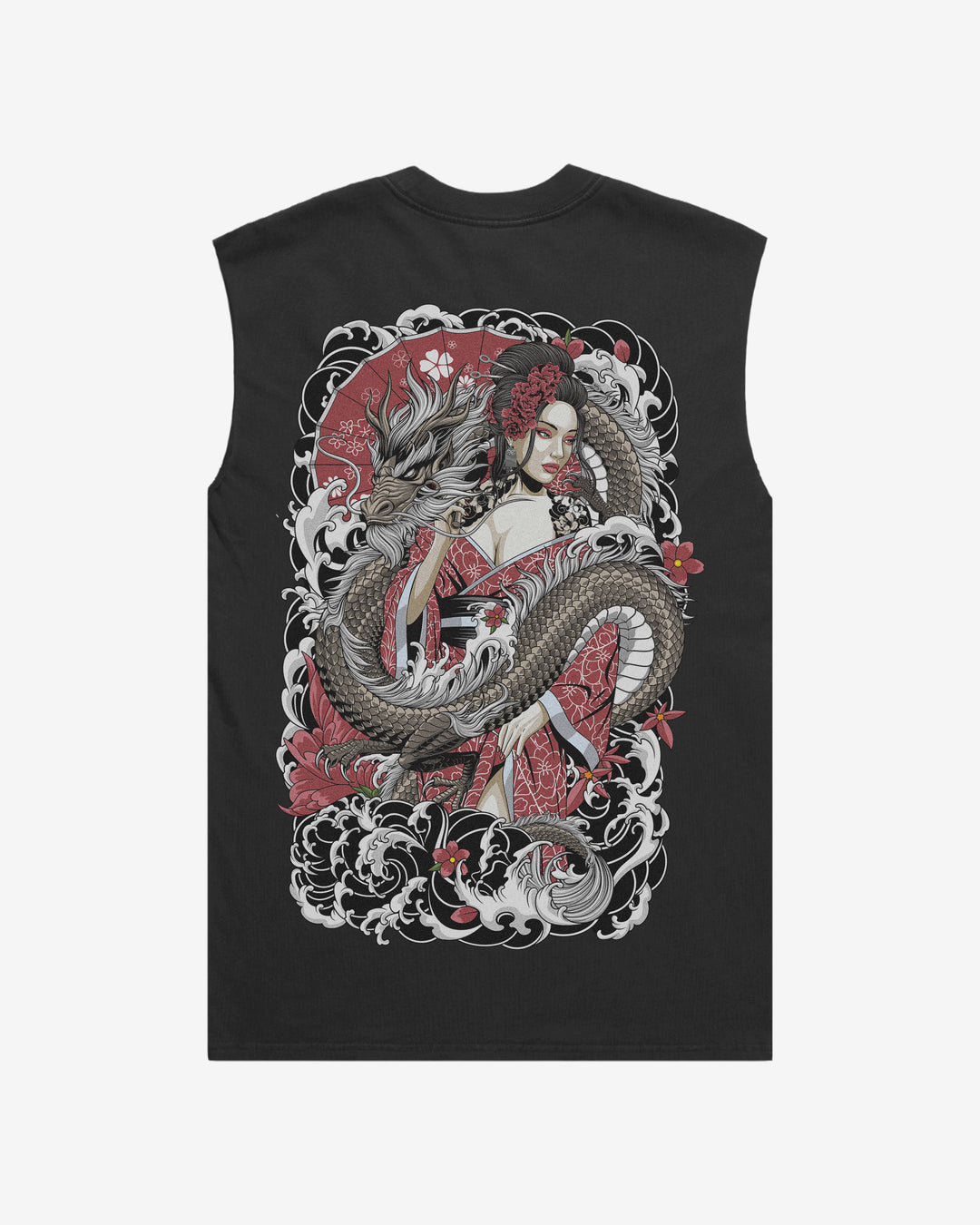 Japanese tattoo tank top with back print of geisha and dragon