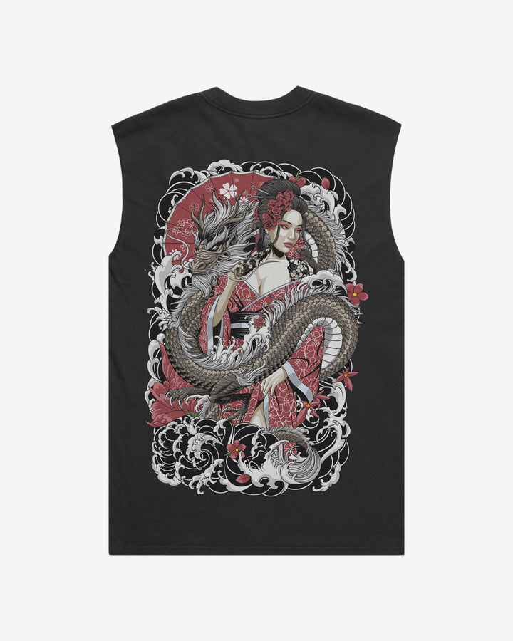 Japanese tattoo tank top with back print of geisha and dragon