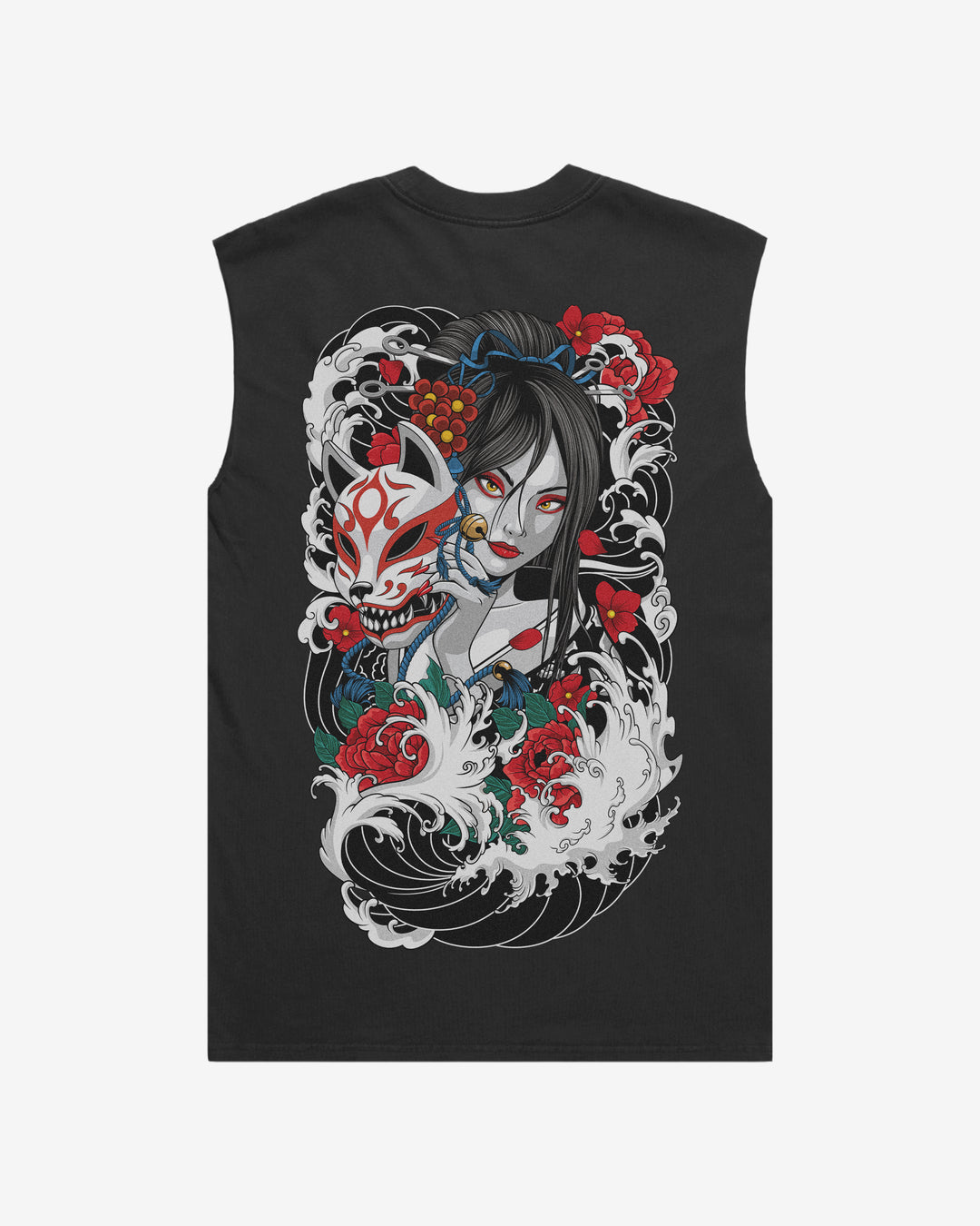 Japanese tattoo tank top with back print of geisha and kitsune mask