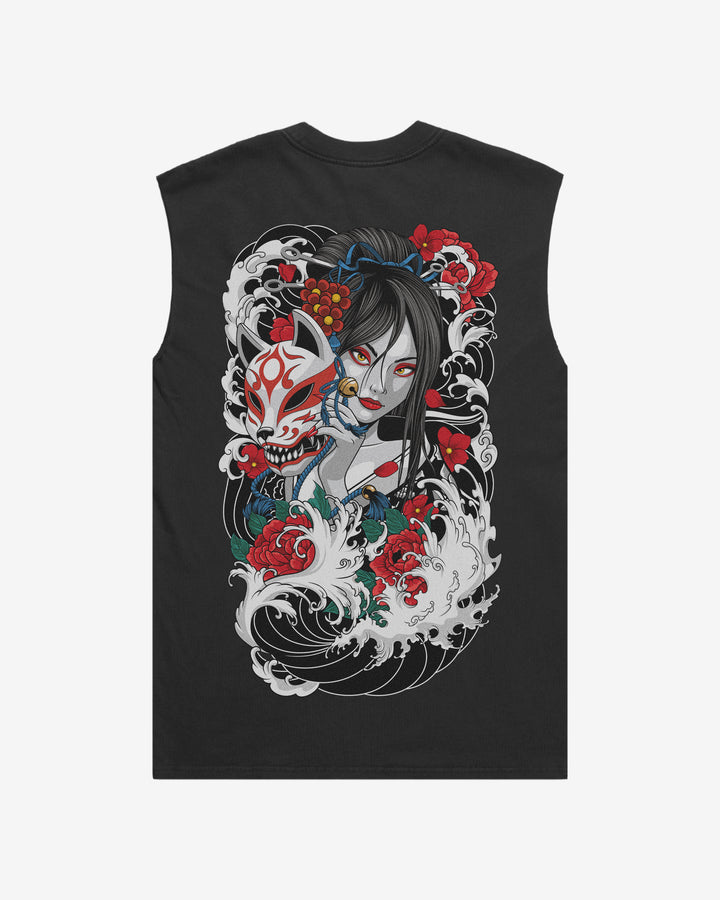Japanese tattoo tank top with back print of geisha and kitsune mask