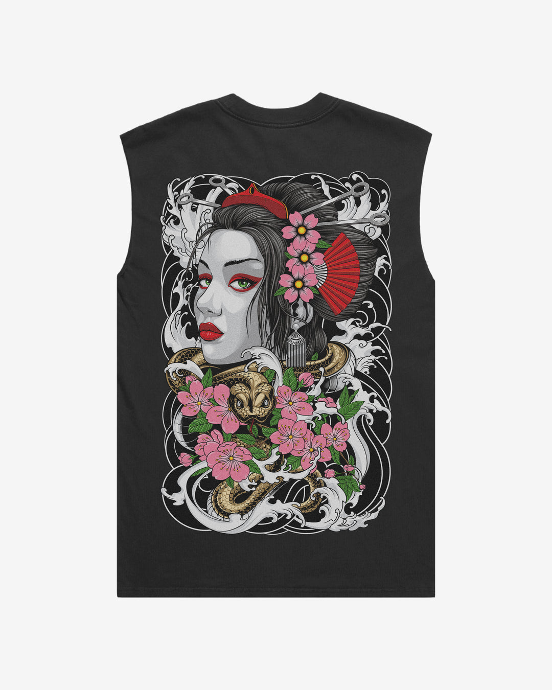 Japanese tattoo tank top with back print of geisha and snake