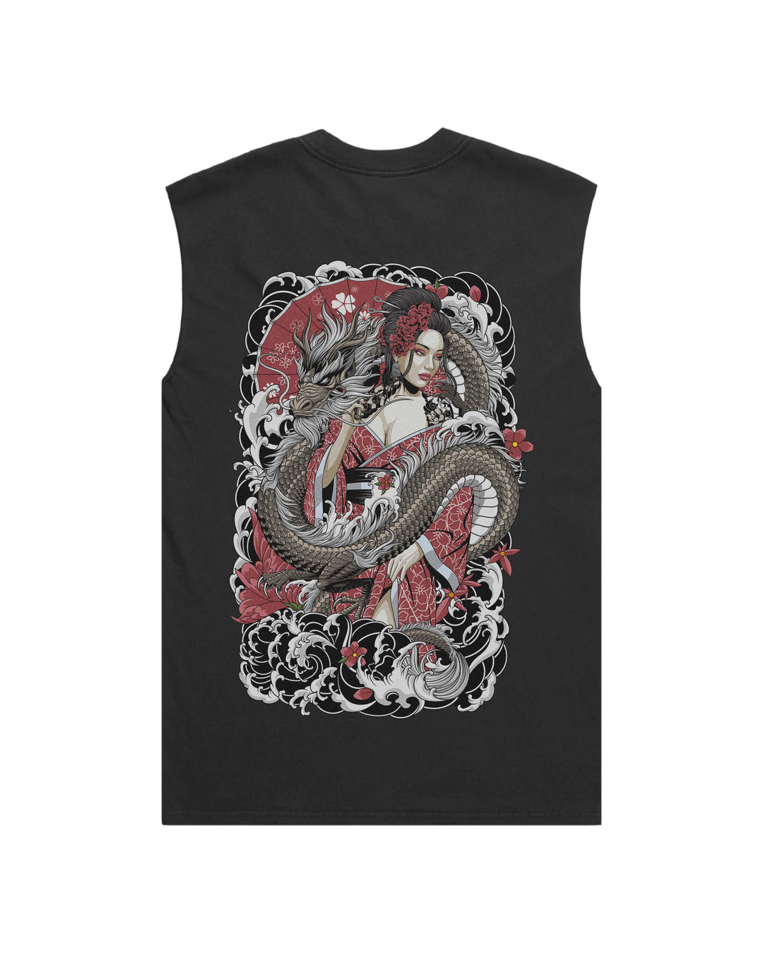 Faded Black Geisha Dragon men’s graphic tank top features original in-house artwork inspired by Irezumi. The design combines geisha, dragon and clouds, drawing from Japanese tattoo art, folklore and traditional illustration.