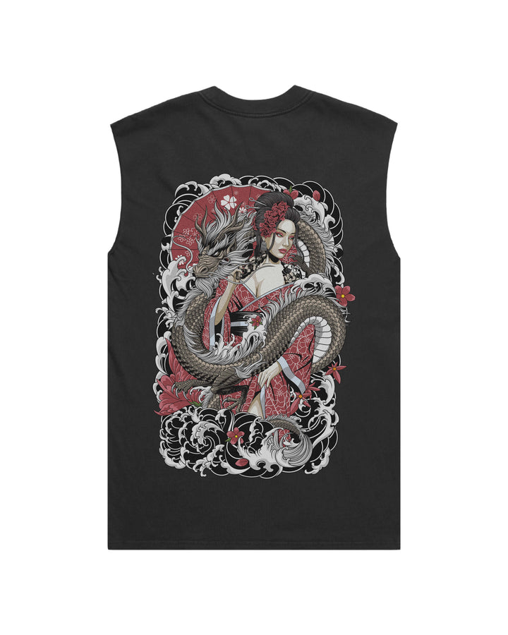 Faded Black Geisha Dragon men’s graphic tank top features original in-house artwork inspired by Irezumi. The design combines geisha, dragon and clouds, drawing from Japanese tattoo art, folklore and traditional illustration.