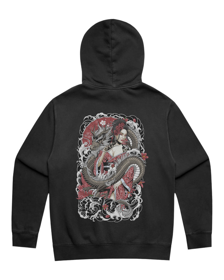 Faded black hoodie with in-house created geisha and dragon back print artwork