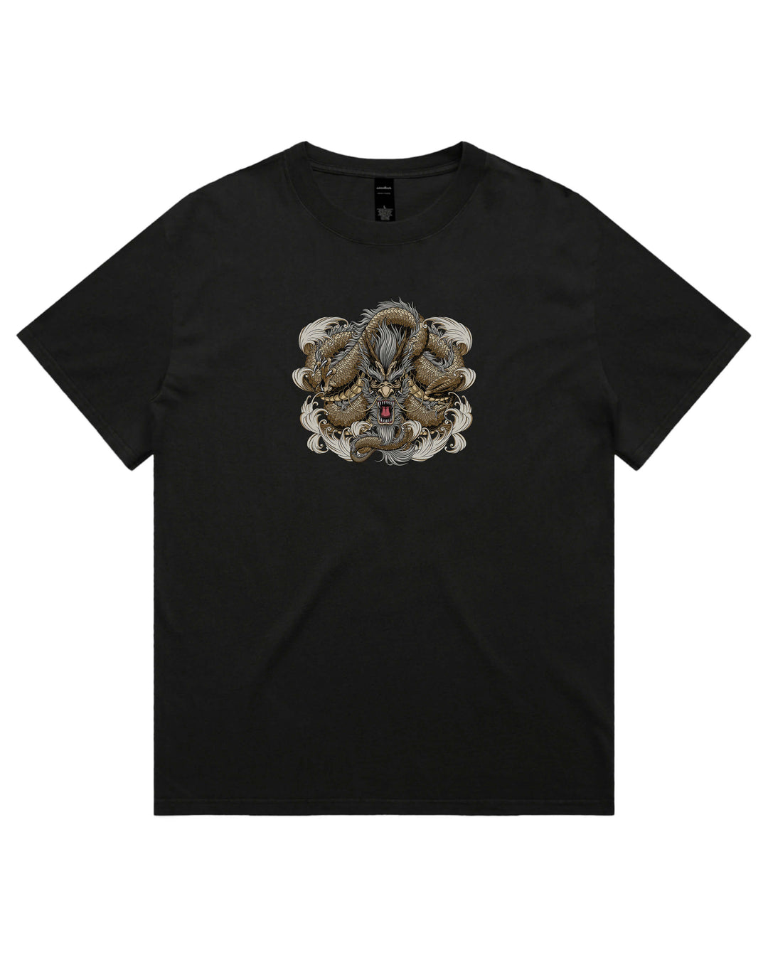 Oversized black t-shirt with Japanese gold coiled dragon centre chest graphic print