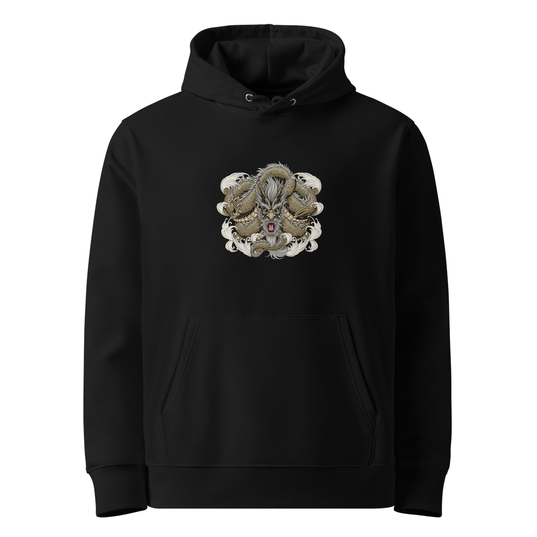 Gold Coiled Dragon Hoodie featuring a front print of a golden dragon in a circular Japanese-inspired design.