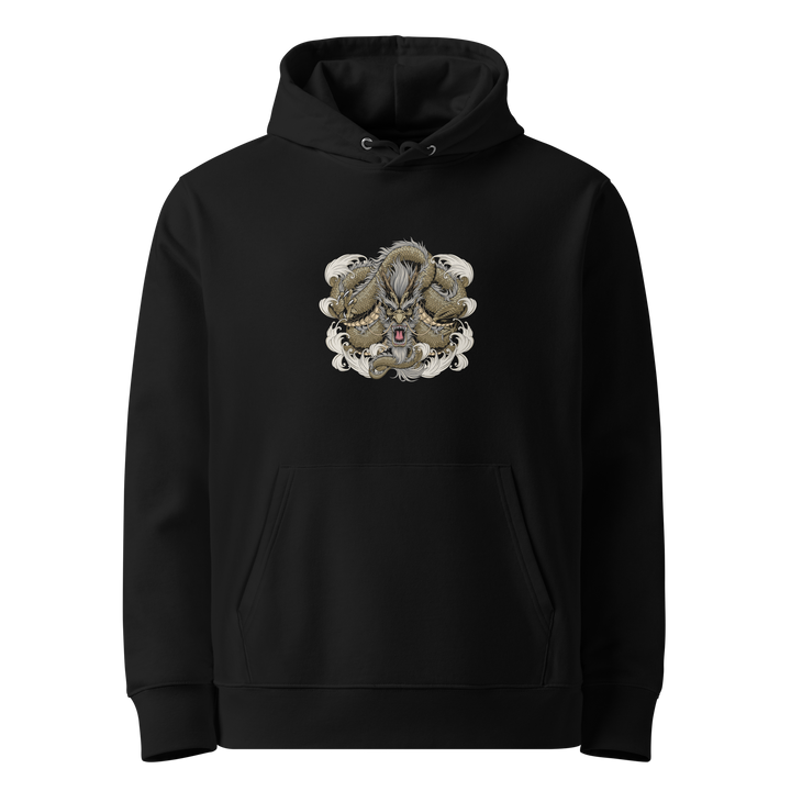 Gold Coiled Dragon Hoodie featuring a front print of a golden dragon in a circular Japanese-inspired design.