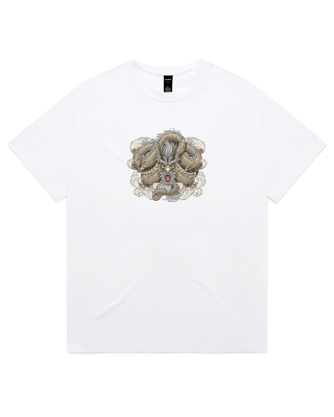 Oversized white t-shirt with Japanese gold coiled dragon centre chest graphic print