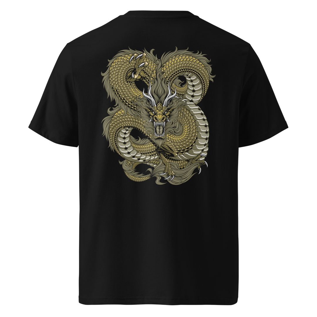 A black t-shirt featuring an intricate back print of a gold and olive dragon with a dark mane, coiled in a dynamic knot-like pose, inspired by Japanese art.
