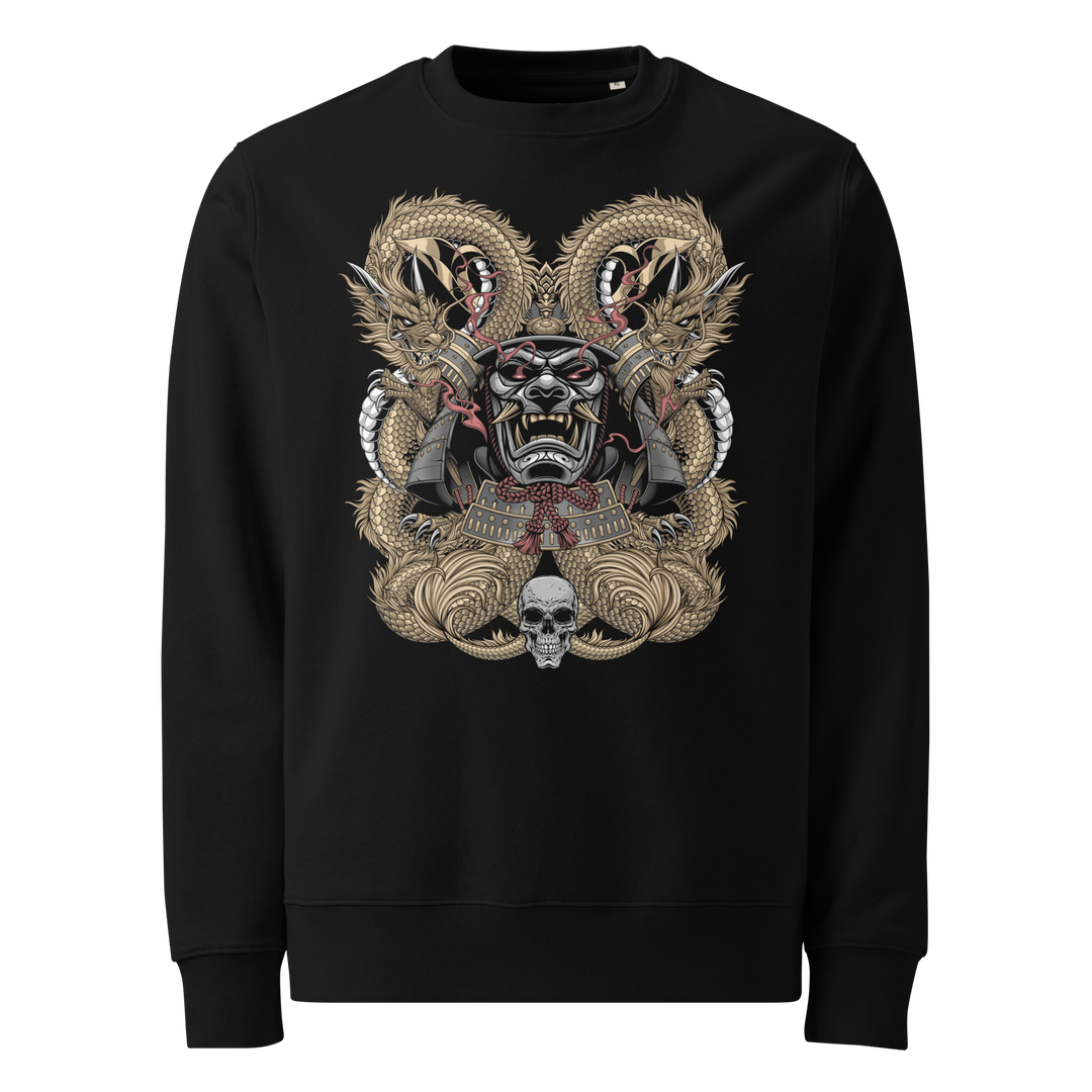 Black sweatshirt featuring two gold dragons coiled around a detailed samurai mask, accented with golden tones and skull motifs for a bold and artistic statement.