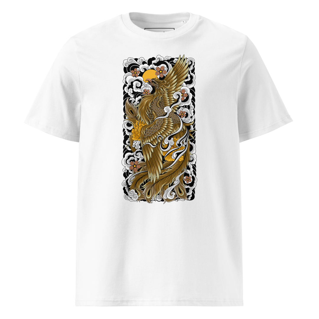 Gold Phoenix front print on a white t-shirt, featuring intricate Asian tattoo-inspired details with clouds, cherry blossoms, and radiant golden tones.