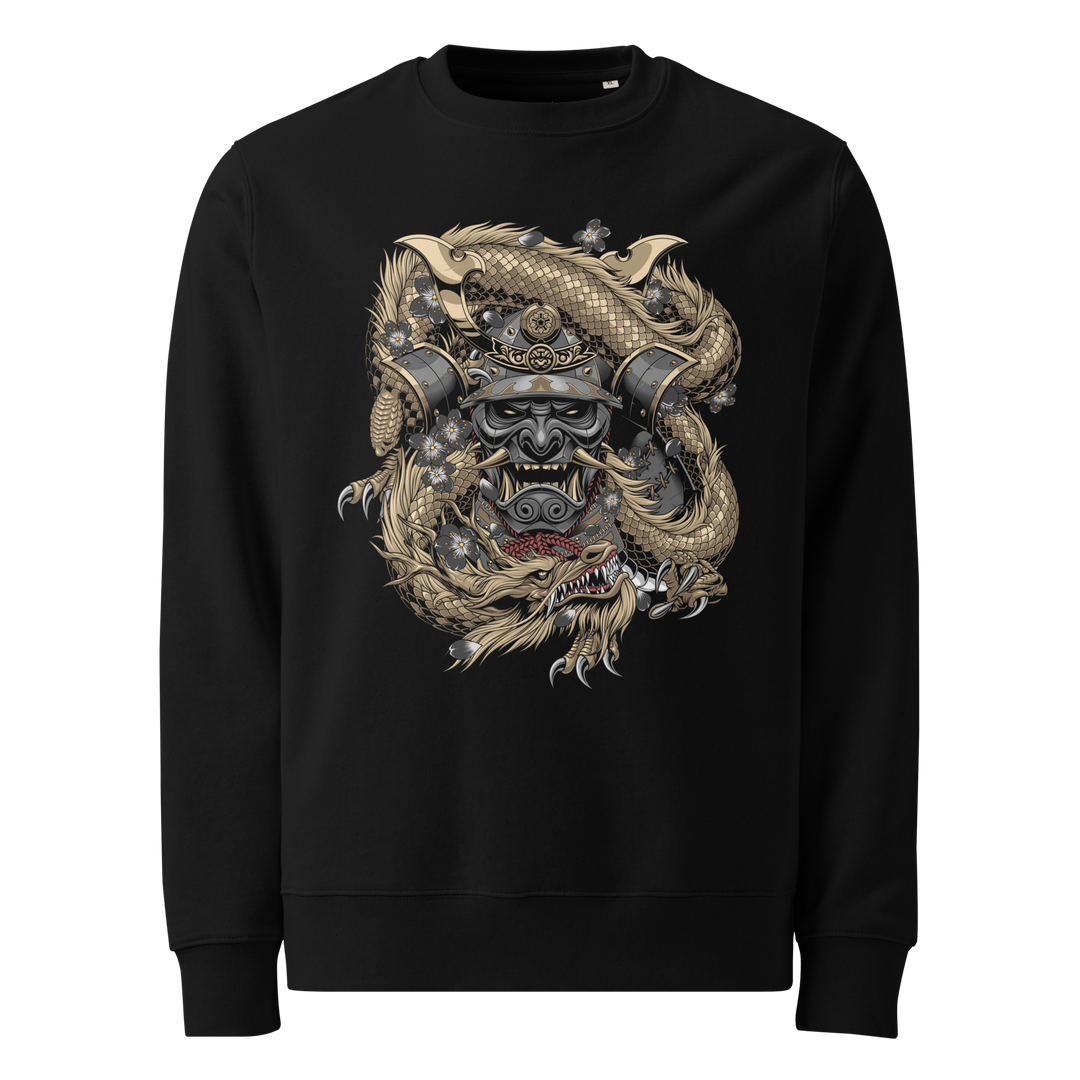 Gold Samurai Mask Embraced front print on a black sweatshirt, showcasing a samurai mask entwined with a golden dragon and accented by scattered black flowers.