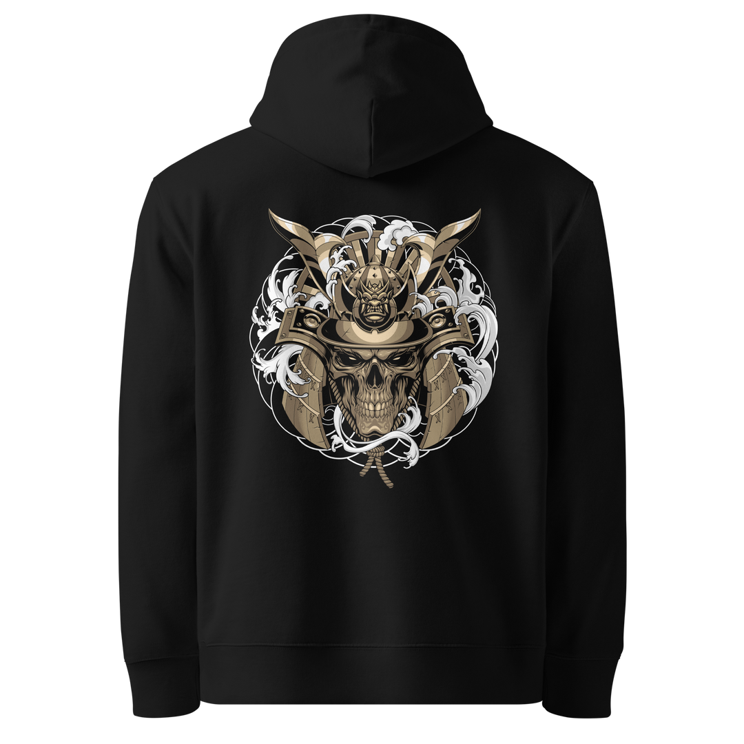 Gold Skull Samurai Hoodie with large back print of a samurai skull wearing a kabuto helmet, surrounded by Irezumi-style waves and clouds.