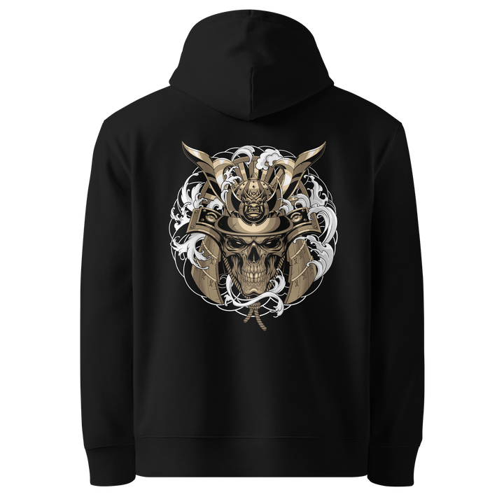 Gold Skull Samurai Hoodie with large back print of a samurai skull wearing a kabuto helmet, surrounded by Irezumi-style waves and clouds.