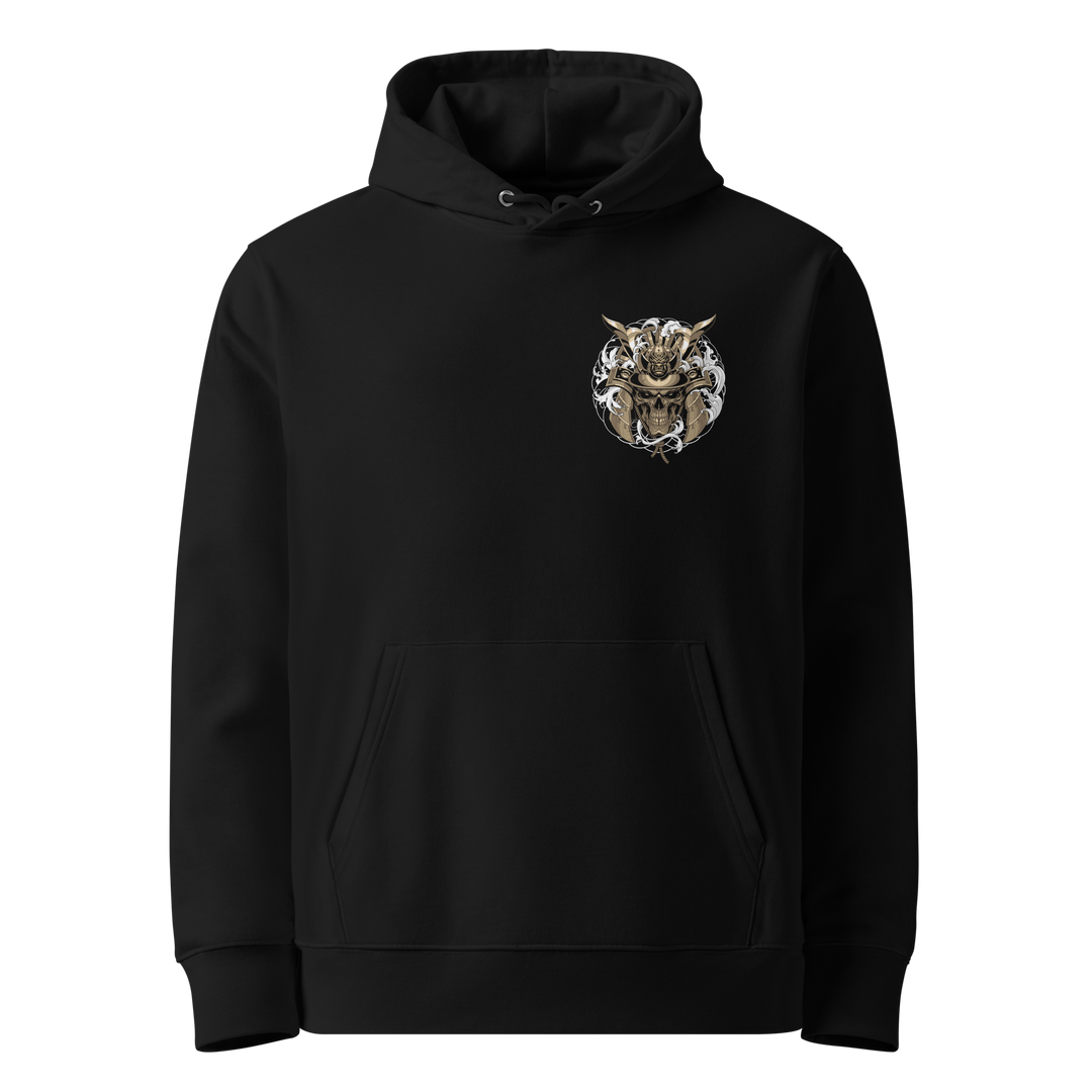 Gold Skull Samurai Hoodie with a left chest print of a samurai skull wearing a kabuto helmet, surrounded by Irezumi-style waves and clouds.